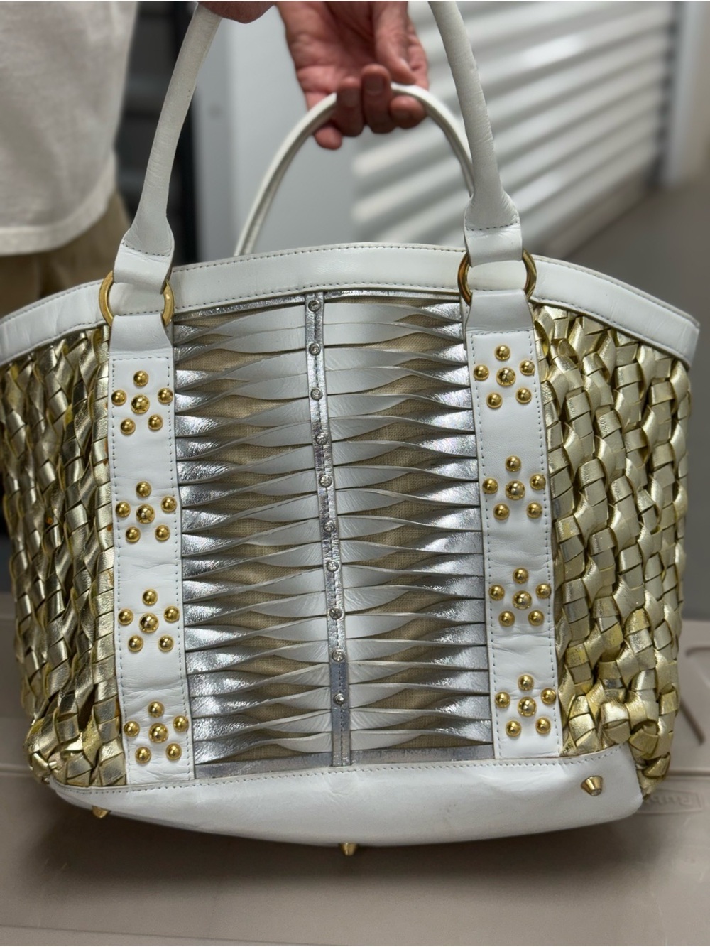 Beverly Feldman White and Gold Woven Leather Tote